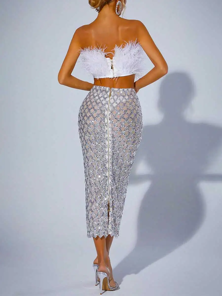 Sequin Mesh Skirt  White Feather Tube Top Suit - Image 2