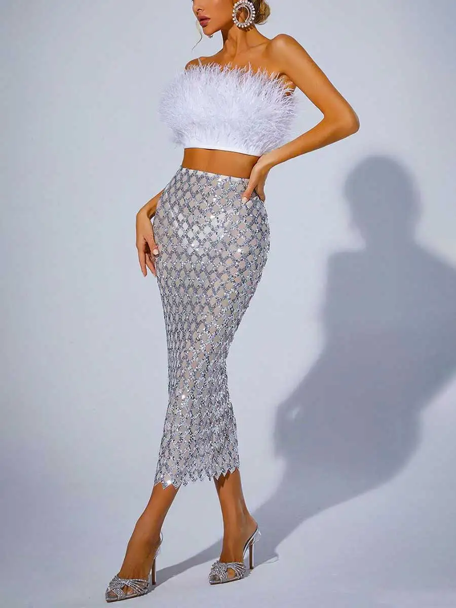 Sequin Mesh Skirt  White Feather Tube Top Suit - Image 4