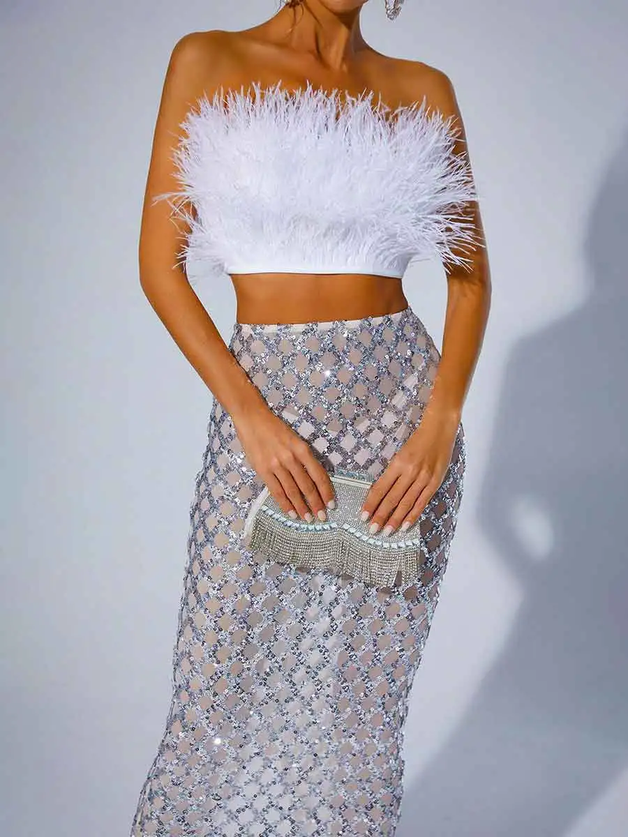 Sequin Mesh Skirt  White Feather Tube Top Suit - Image 5