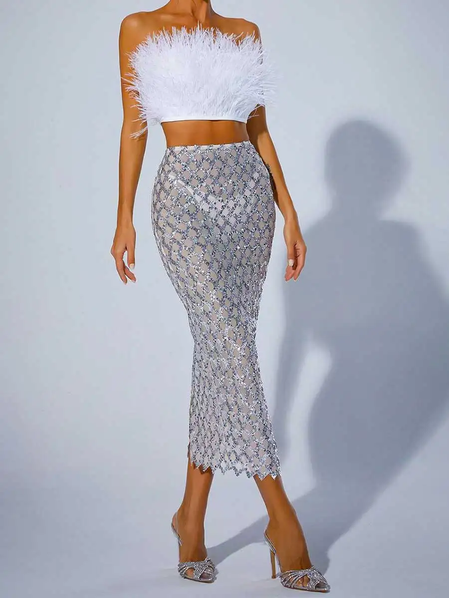 Sequin Mesh Skirt  White Feather Tube Top Suit - Image 6