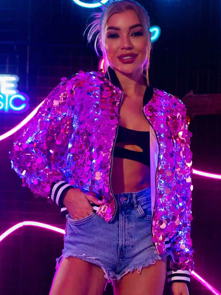 Sparkle Appeal: Pink Sequined Jacket With Built-in Led Lights - Image 3