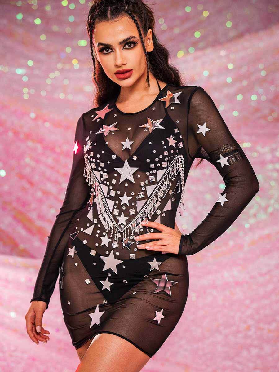 Sequin Rhinestone Dresses - Sheer Black Spandex Mesh Dress - Image 2