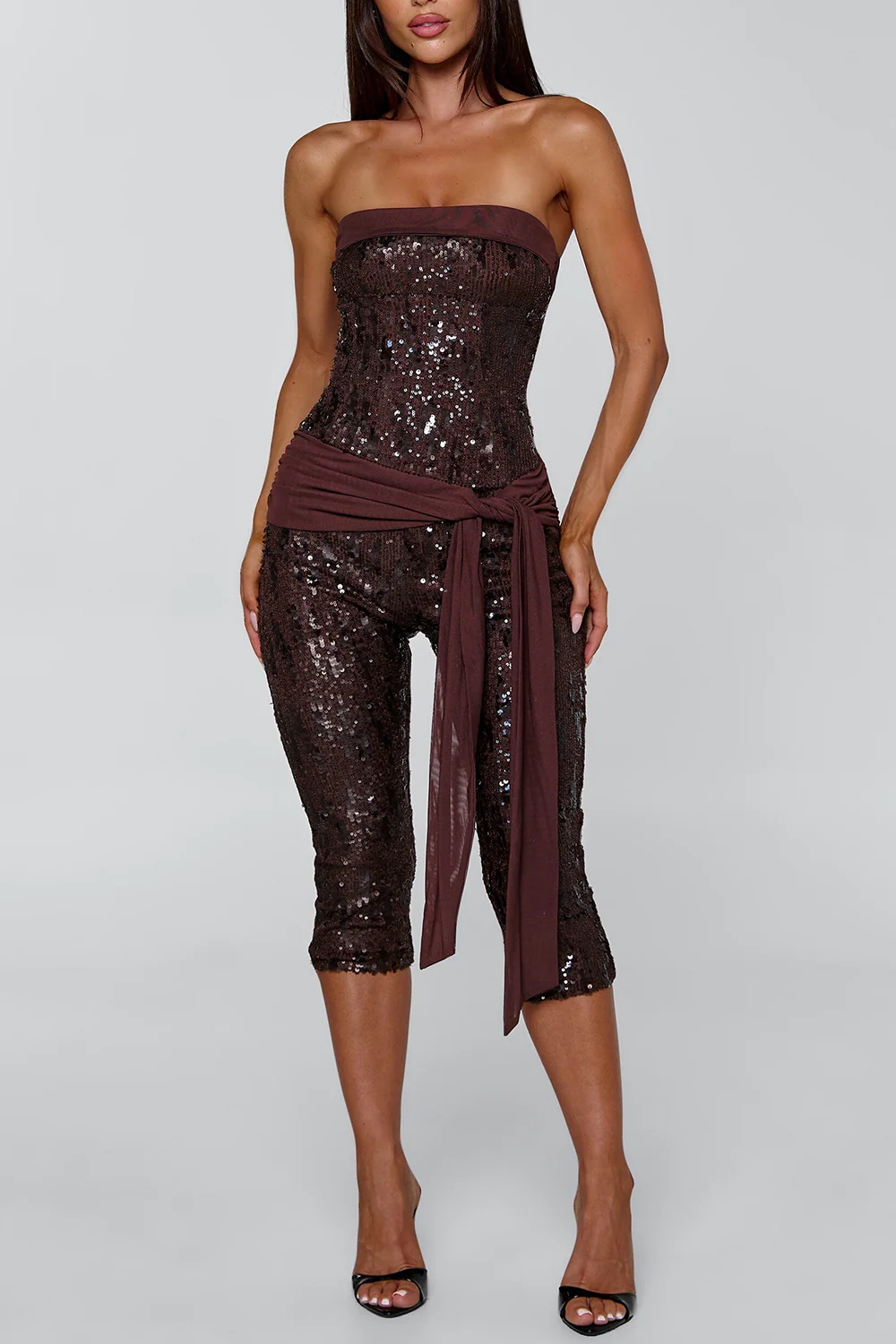 Sequin Strapless Neckline Party Bodycon Crop Jumpsuit-Brown Pre Order