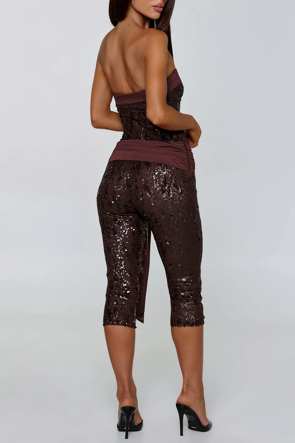 Sequin Strapless Neckline Party Bodycon Crop Jumpsuit-Brown Pre Order - Image 3