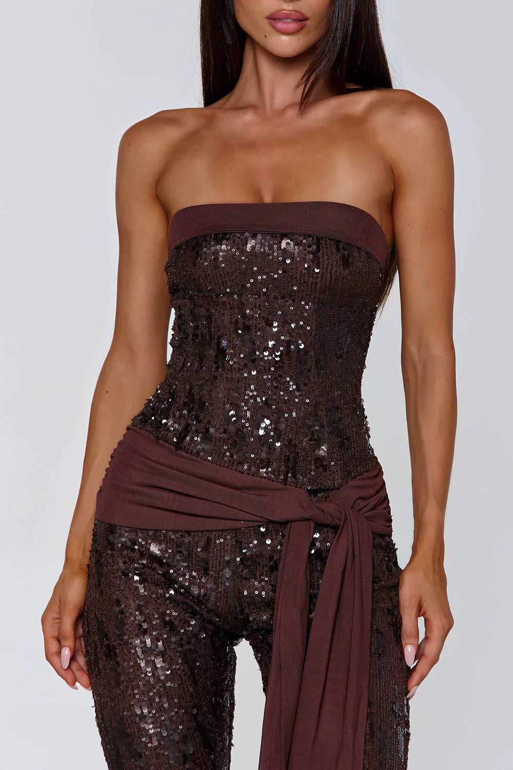 Sequin Strapless Neckline Party Bodycon Crop Jumpsuit-Brown Pre Order - Image 4