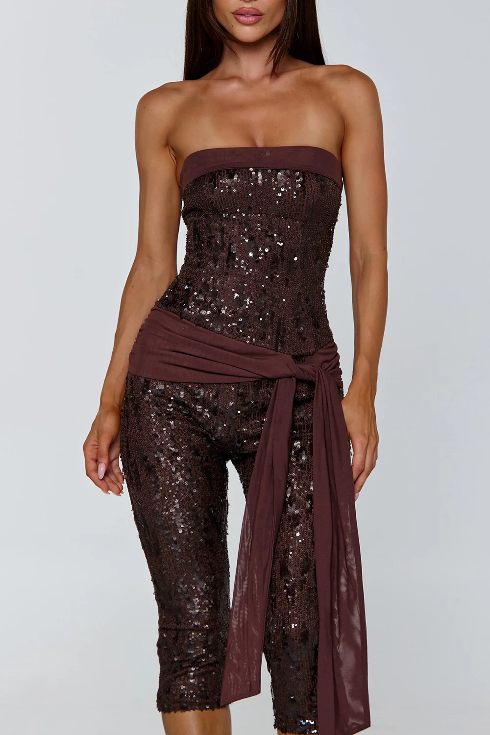 Sequin Strapless Neckline Party Bodycon Crop Jumpsuit-Brown Pre Order - Image 5