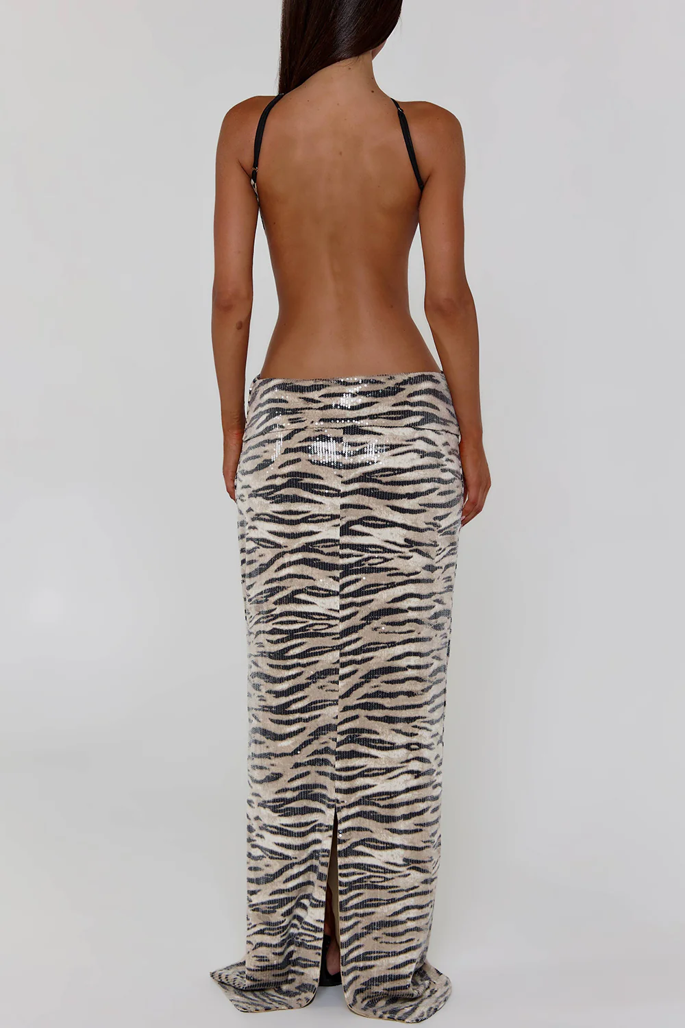 Sequin Tiger Print Keyhole Neck Cutout Party Maxi Dresses-Beige Pre Order - Image 3