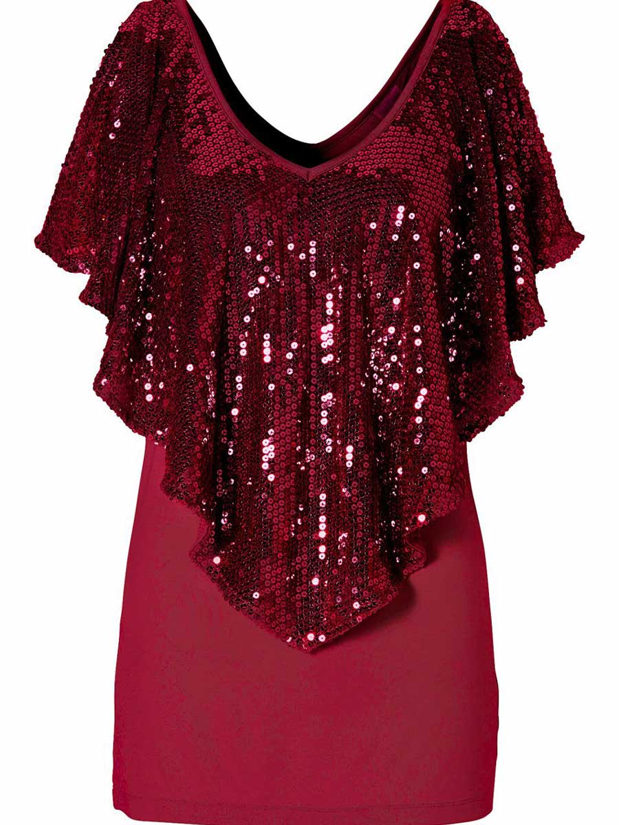 Sequin V-Neck Cape Sleeve T-Shirt - Image 5