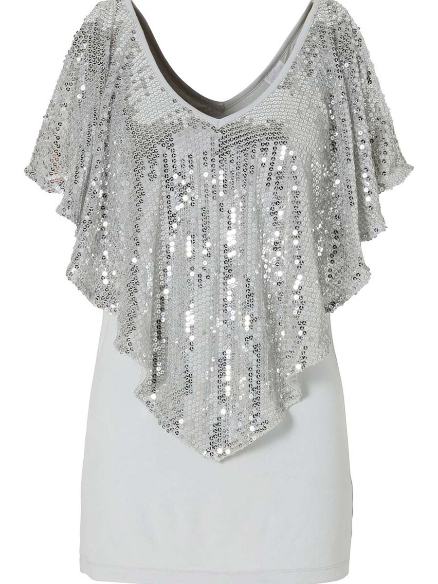 Sequin V-Neck Cape Sleeve T-Shirt - Image 6