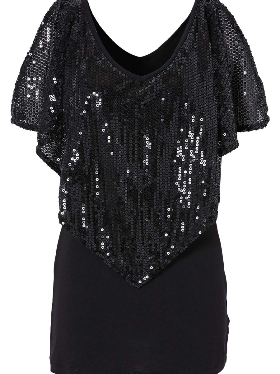 Sequin V-Neck Cape Sleeve T-Shirt - Image 7