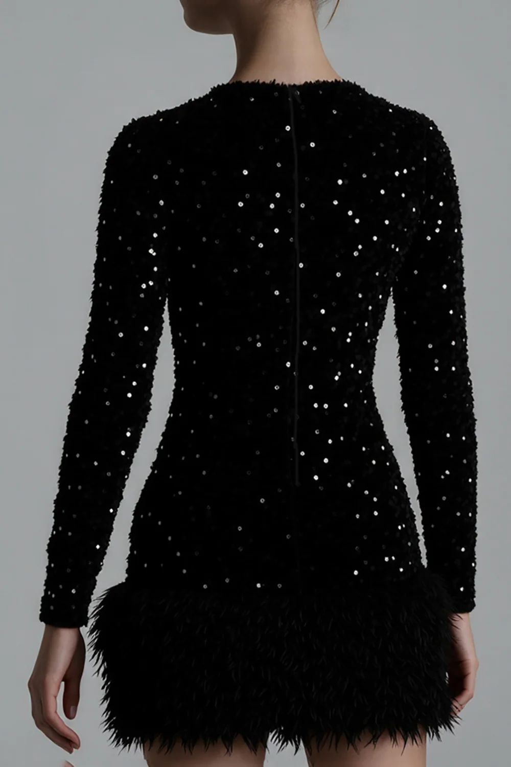 Sequins Round Neck Long Sleeve Plush Patchwork Hem Mini Dresses-Black - Image 5