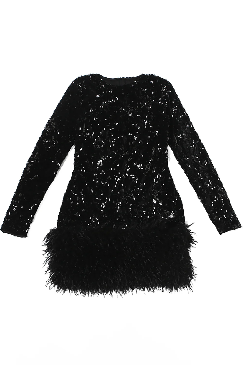 Sequins Round Neck Long Sleeve Plush Patchwork Hem Mini Dresses-Black - Image 6