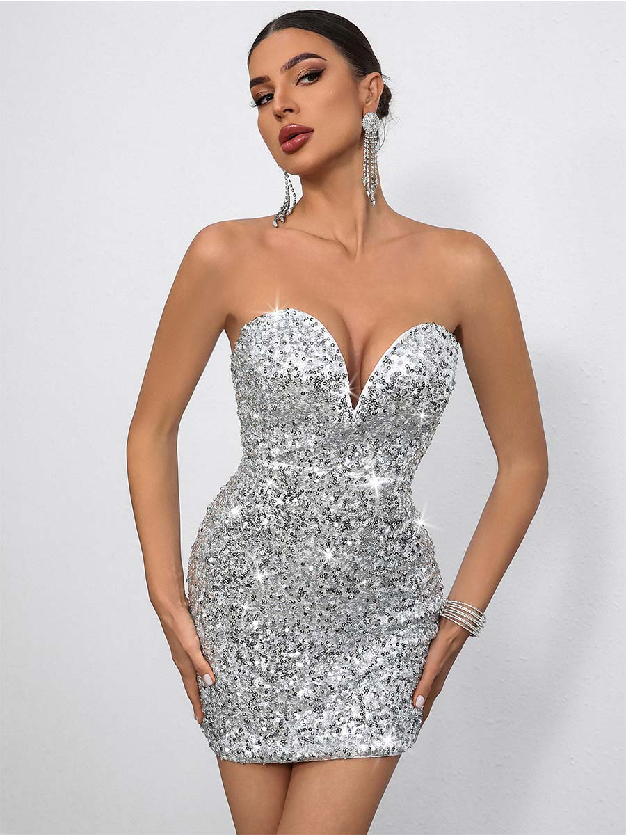 Sexy Deep V-Neck Strapless Bodycon Sequin Party Mini Dress - Image 2