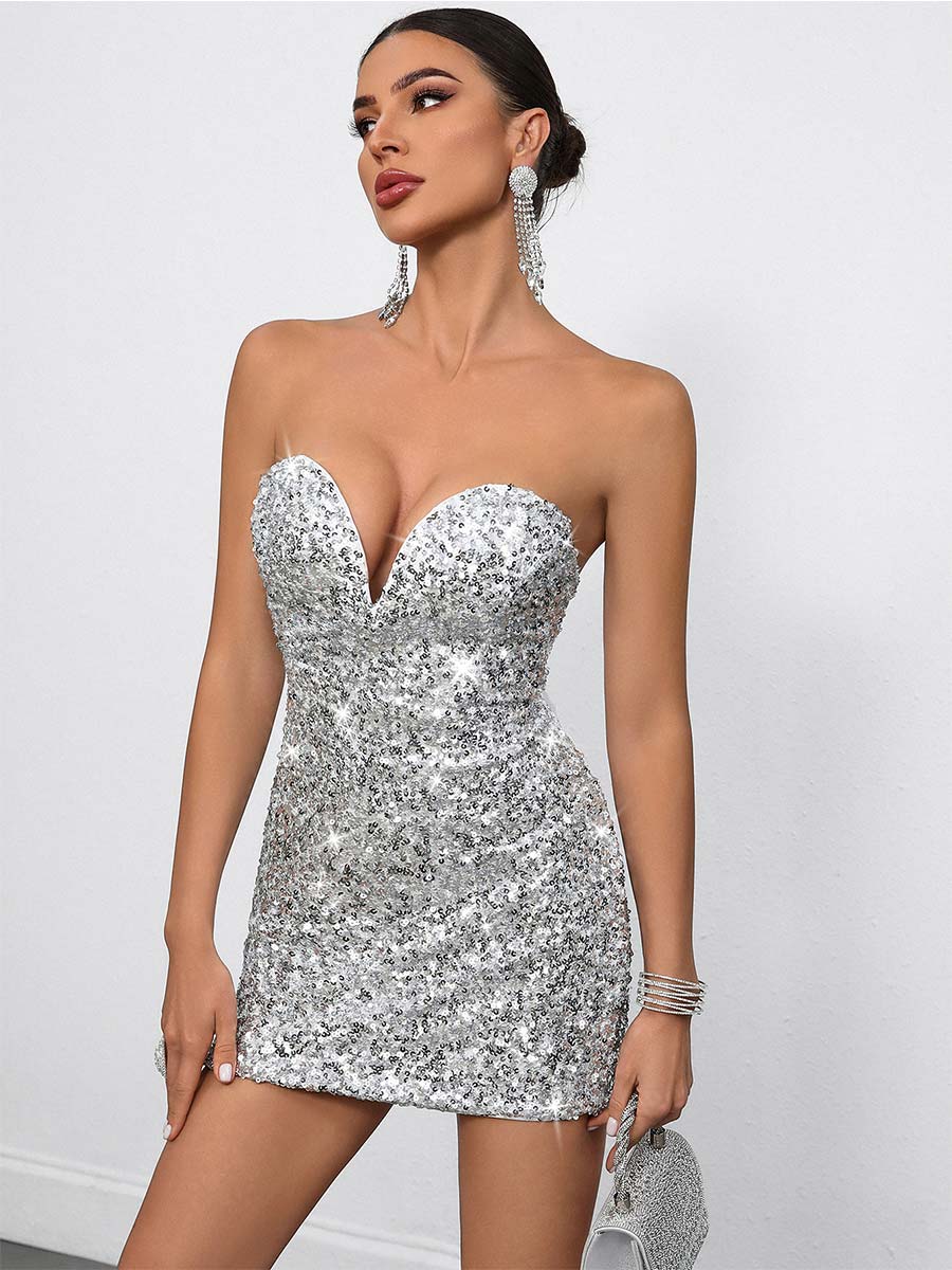 Sexy Deep V-Neck Strapless Bodycon Sequin Party Mini Dress - Image 4