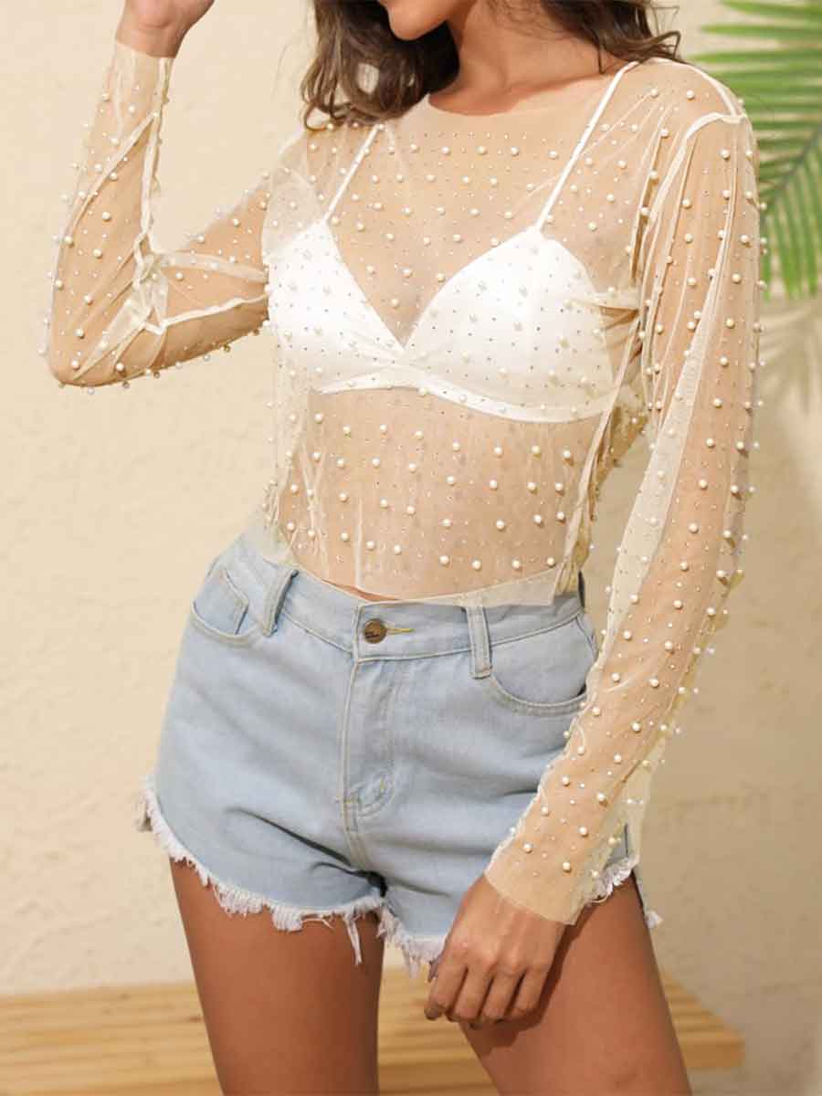 Round Neck Long Sleeve Pearl Mesh Sheer Rhinestone Shirt - Image 5