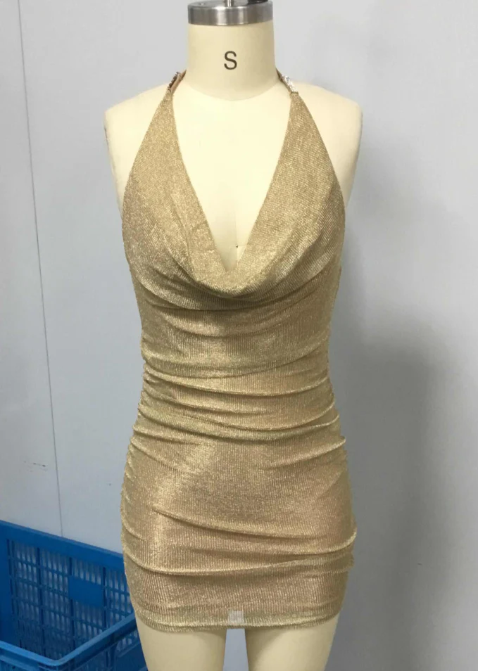 Shimmering Knit Cowl Neckline Halter Bodycon Mini Dresses Gold - Image 8