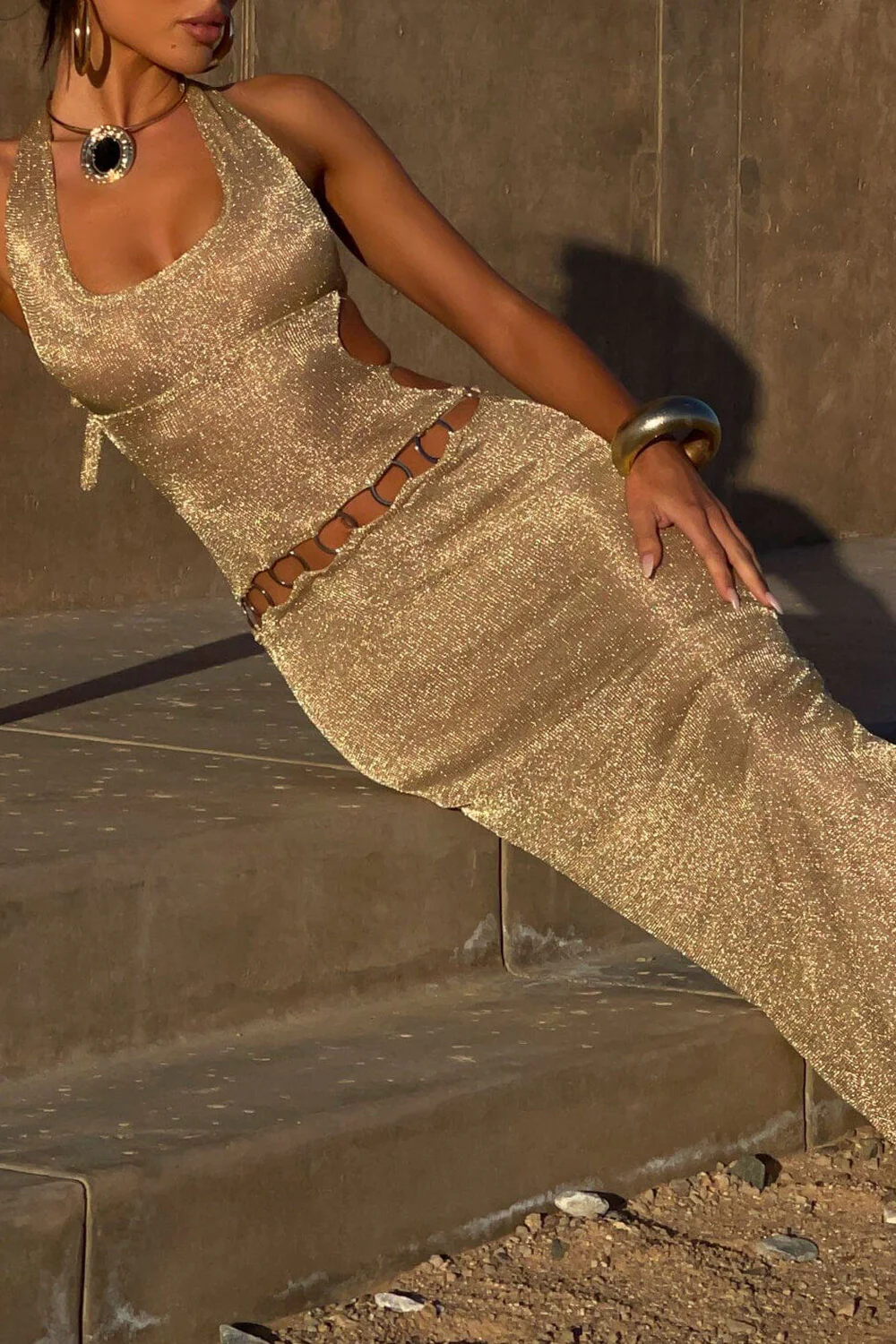 Shimmering Knit Halter O Ring Patchwork Maxi Dresses Gold - Image 4