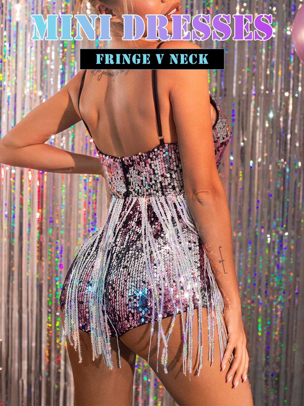 Silver and Pink Sequin Fringe Bodysuit - Image 4