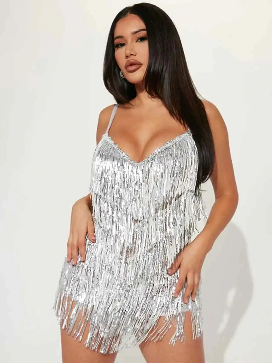 V-neck Strappy Side-zip Mini Silver Fringe Sequin Dress - Image 2