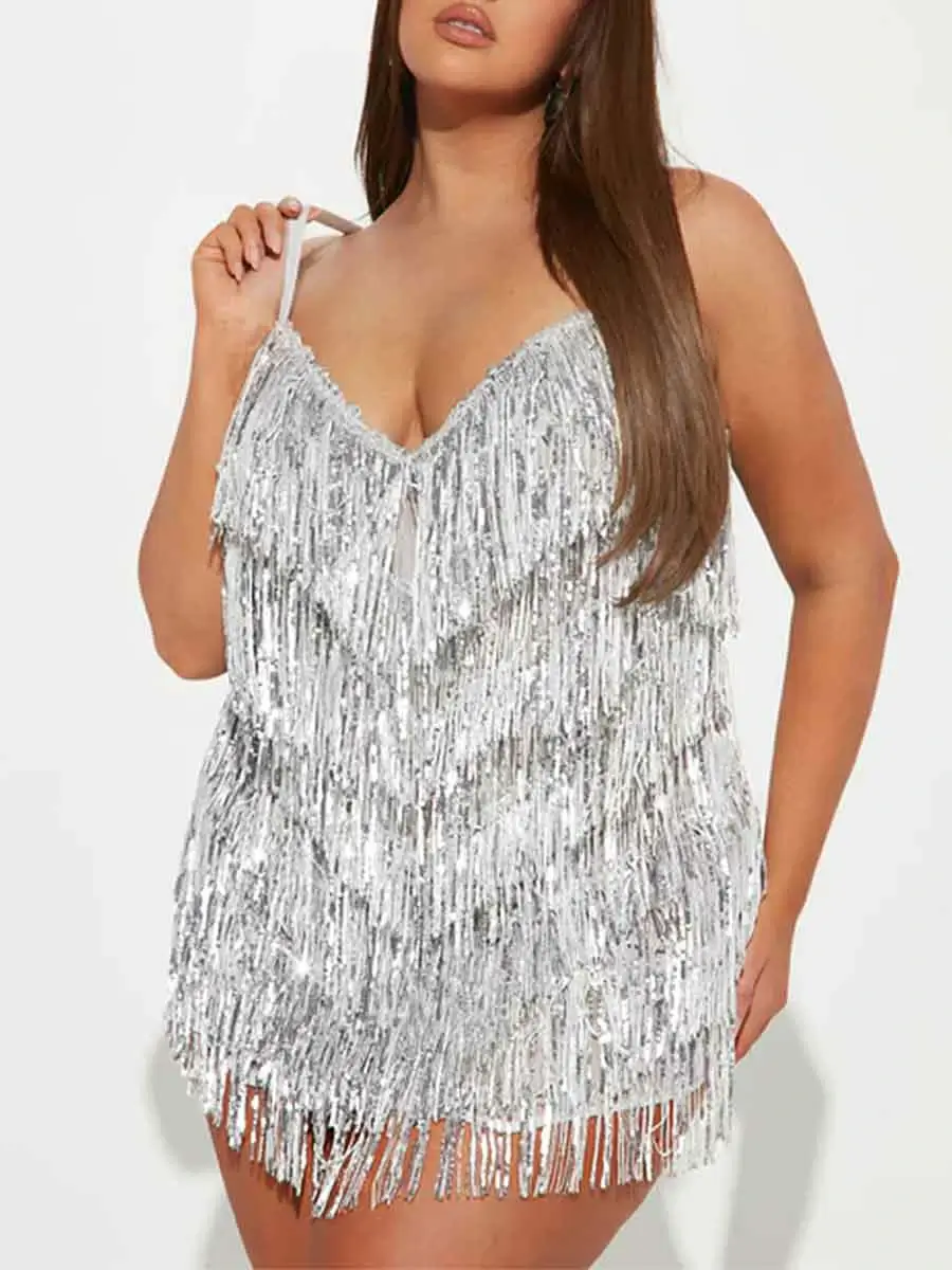 V-neck Strappy Side-zip Mini Silver Fringe Sequin Dress - Image 4