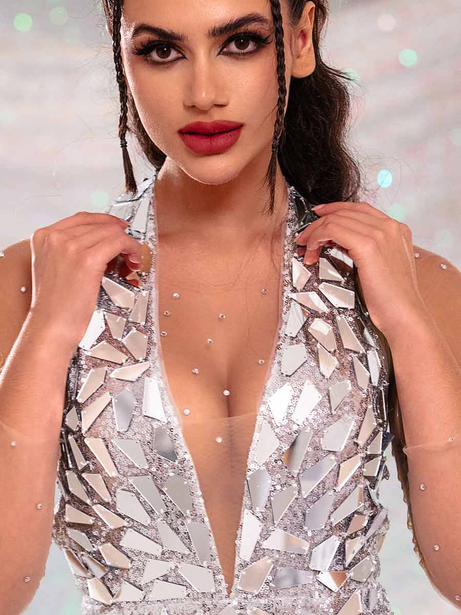 Silver Glitter Mini Dress �Silver Mirrored Sequin Dress - Image 2
