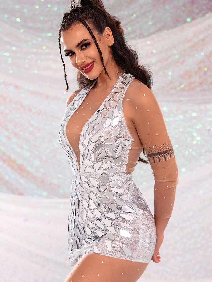 Silver Glitter Mini Dress �Silver Mirrored Sequin Dress - Image 3