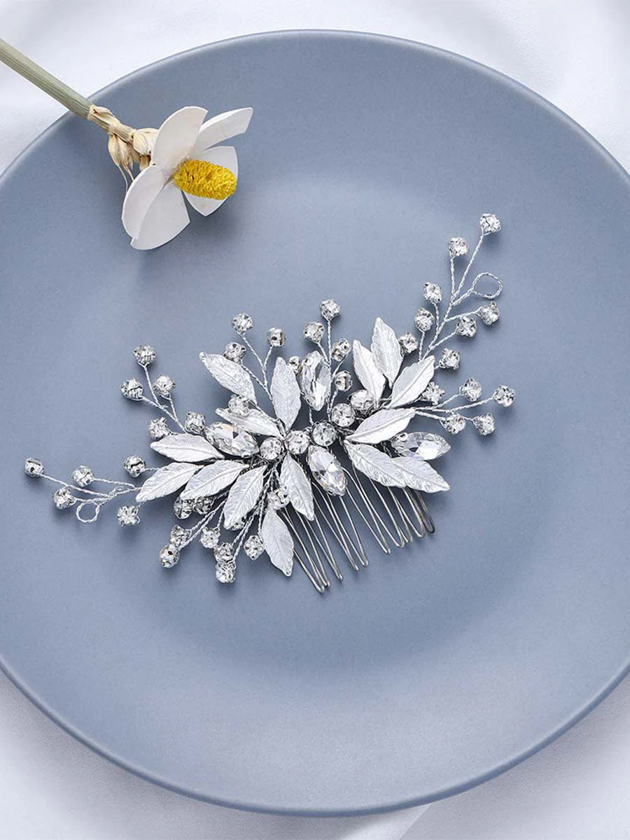 Silver Leaf Rhinestone Wedding Hair Comb - Image 2
