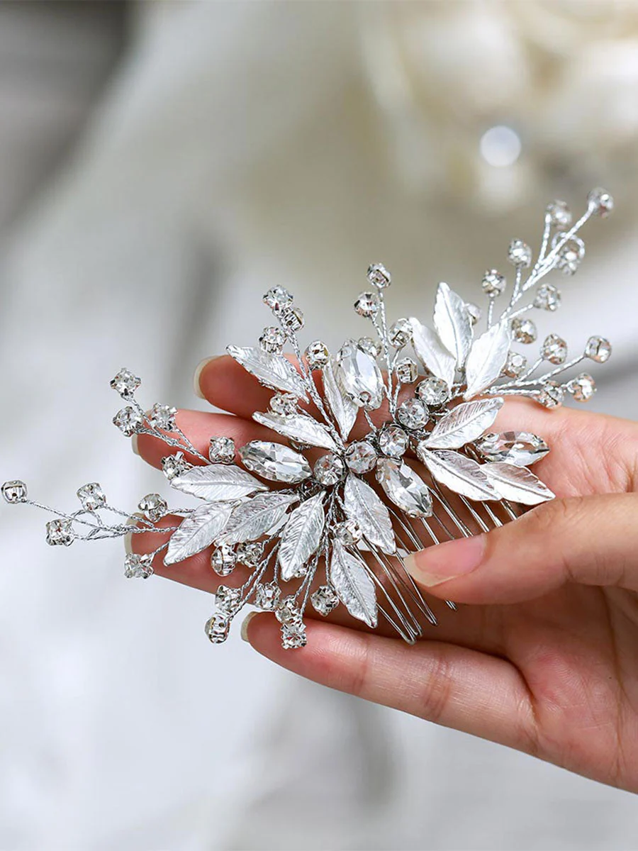 Silver Leaf Rhinestone Wedding Hair Comb - Image 5