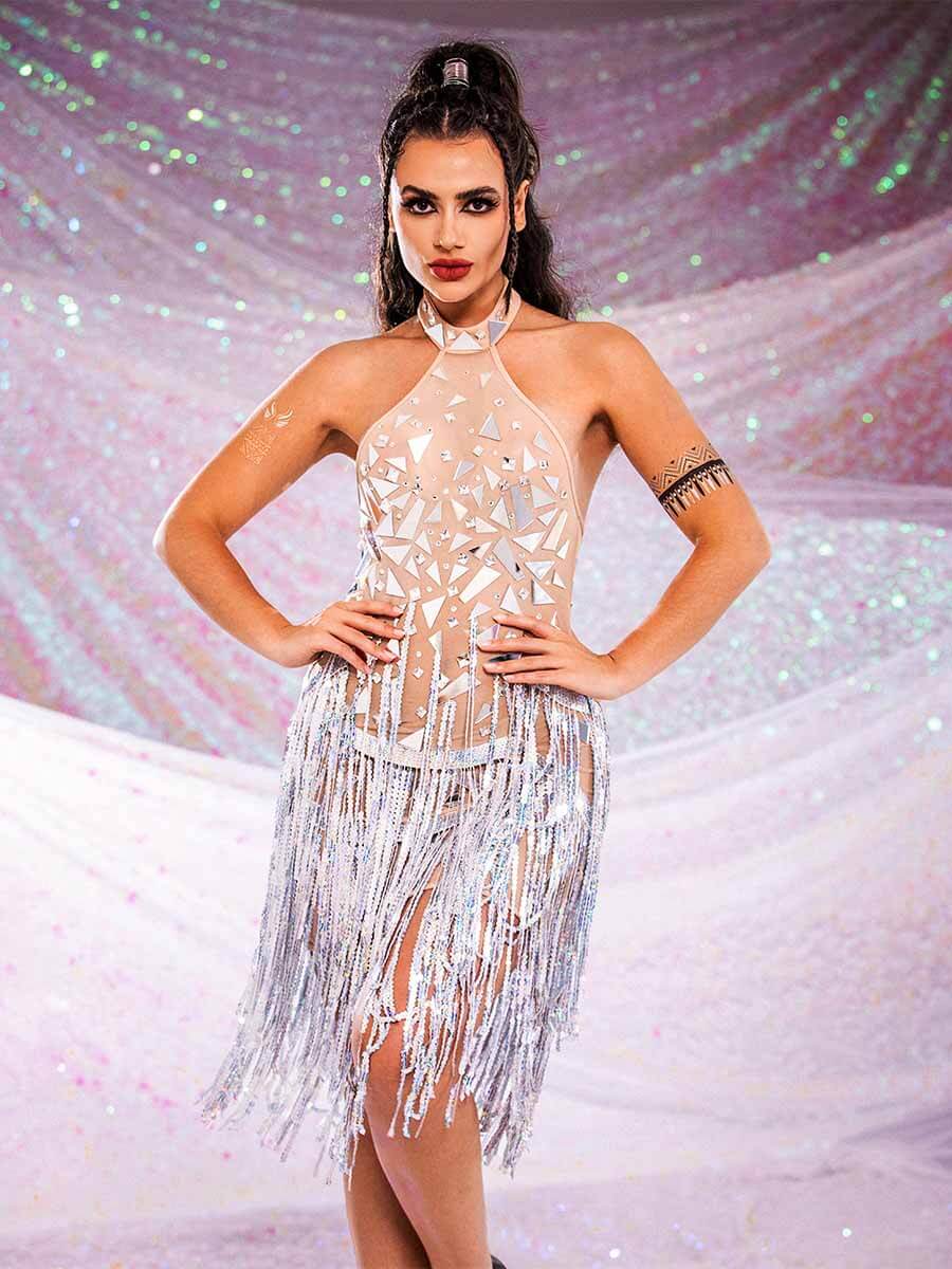 Silver Mirror Dress - Sequin Fringe Rhinestone Dress - Image 4