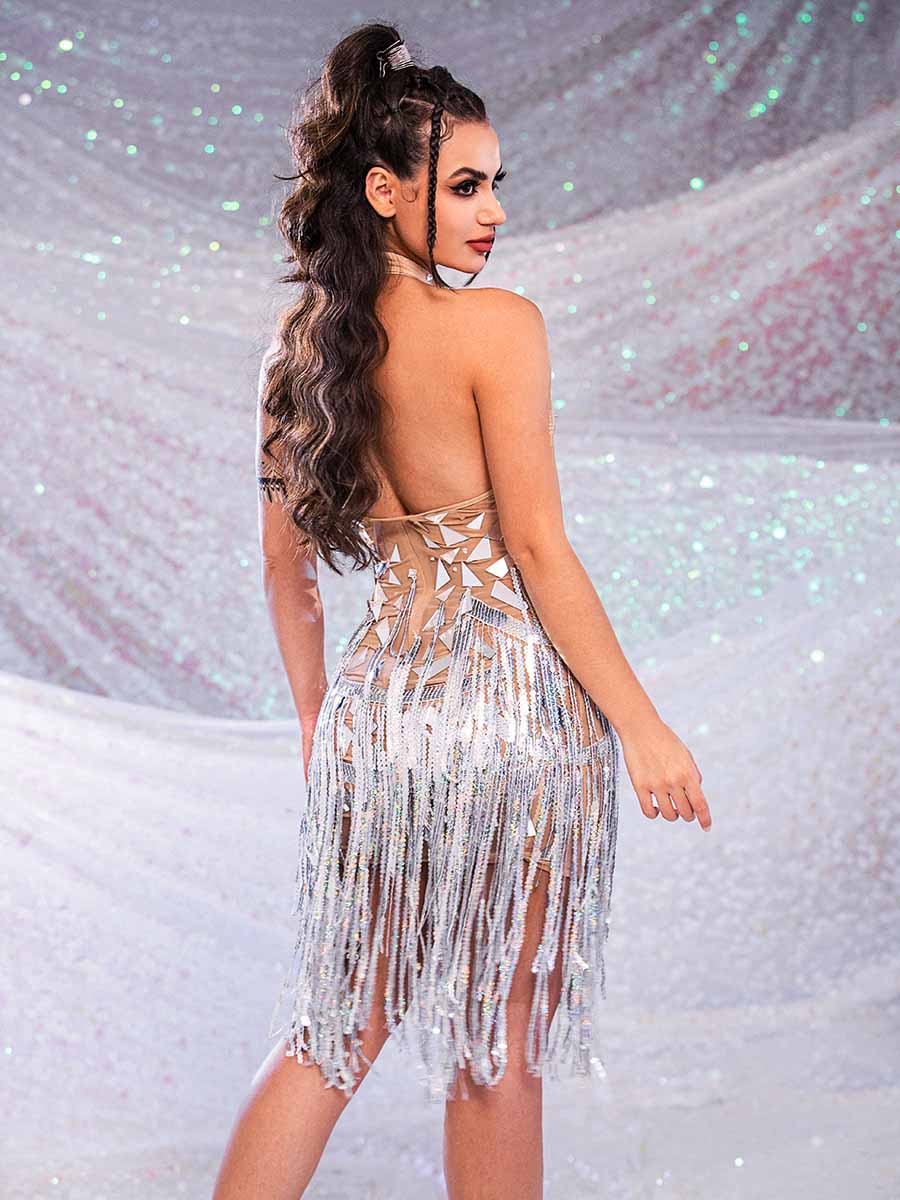 Silver Mirror Dress - Sequin Fringe Rhinestone Dress - Image 5