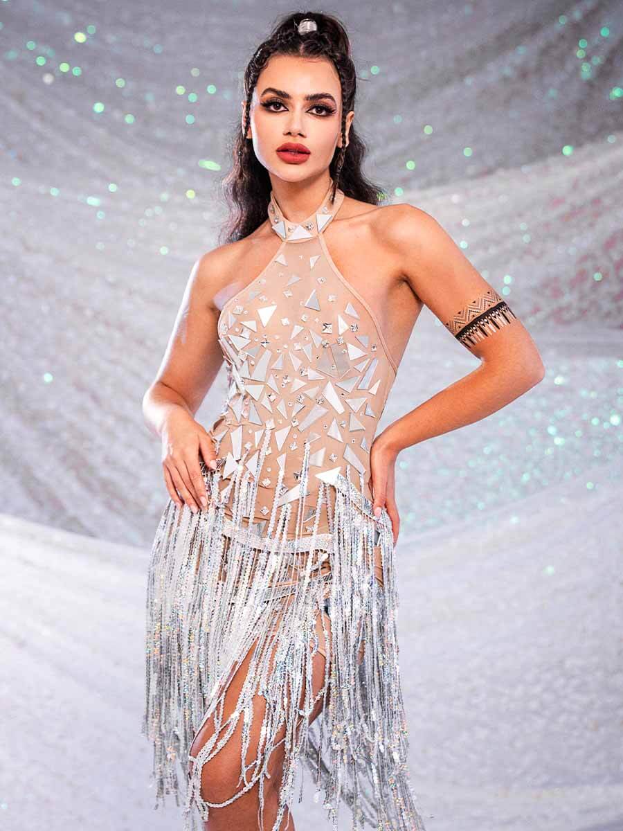 Silver Mirror Dress - Sequin Fringe Rhinestone Dress - Image 6