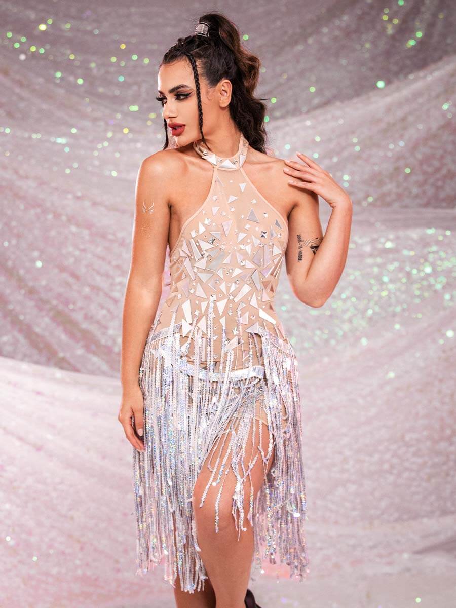 Silver Mirror Dress - Sequin Fringe Rhinestone Dress - Image 7