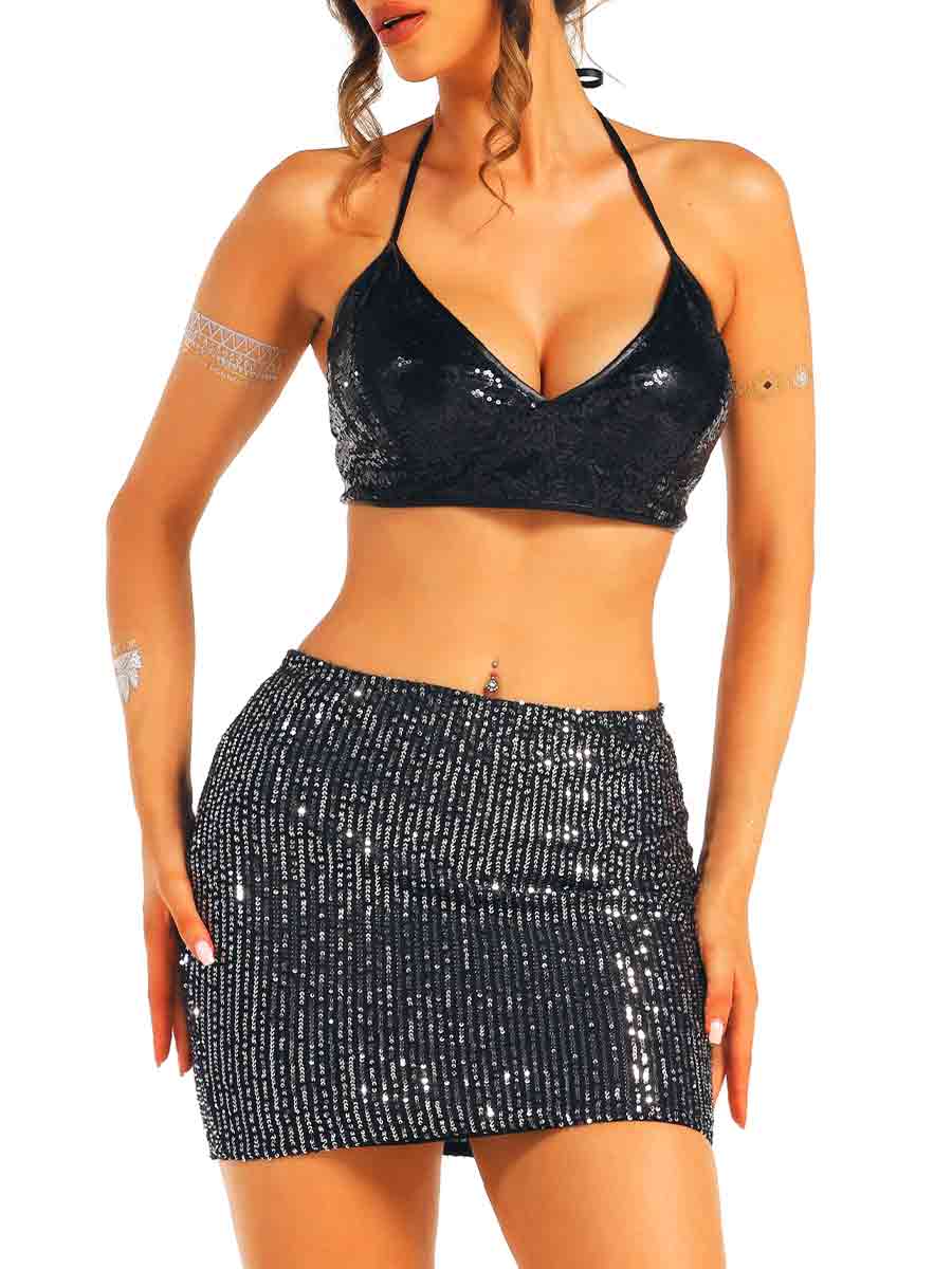 Silver Sequin Black Mini Skirt - Image 2