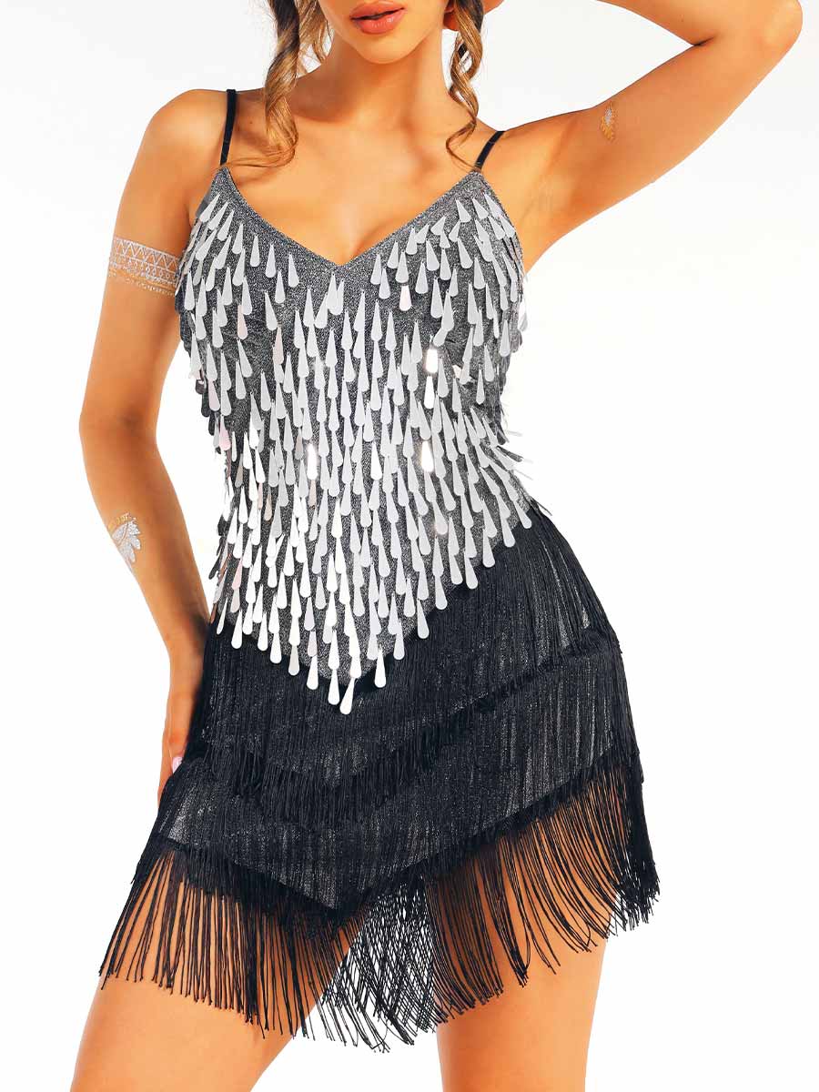 Silver Sequin Black Tassel Dress - Image 3