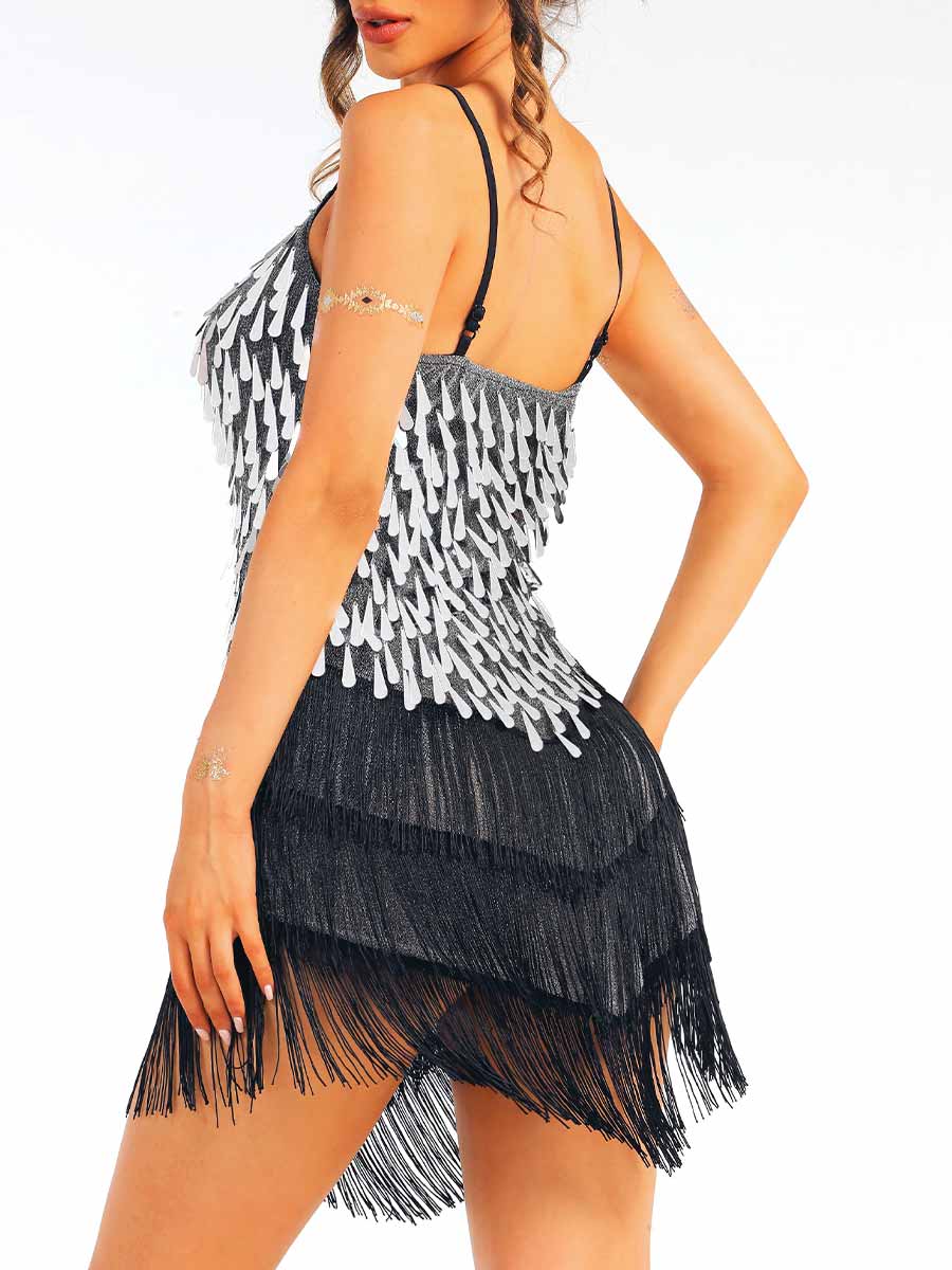 Silver Sequin Black Tassel Dress - Image 4