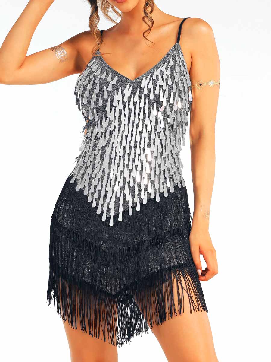 Silver Sequin Black Tassel Dress - Image 6