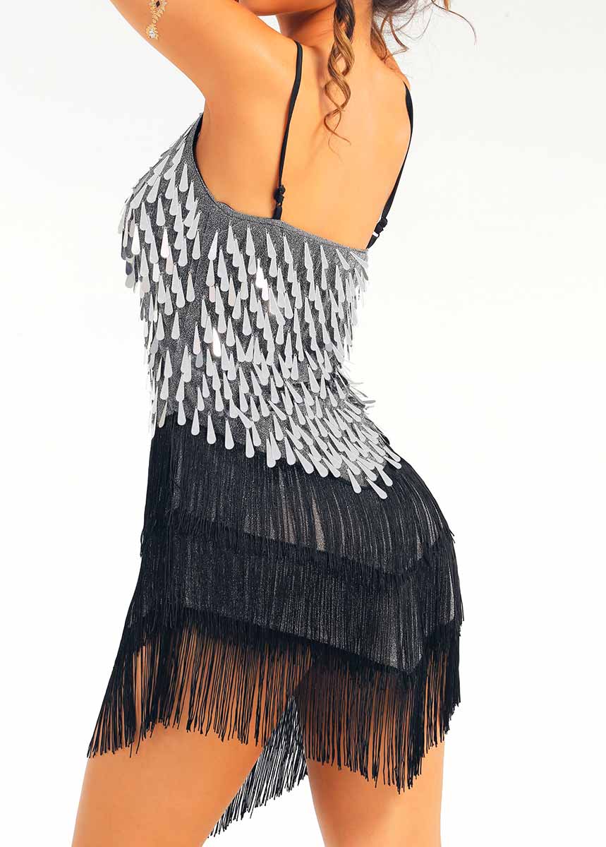 Silver Sequin Black Tassel Dress - Image 7
