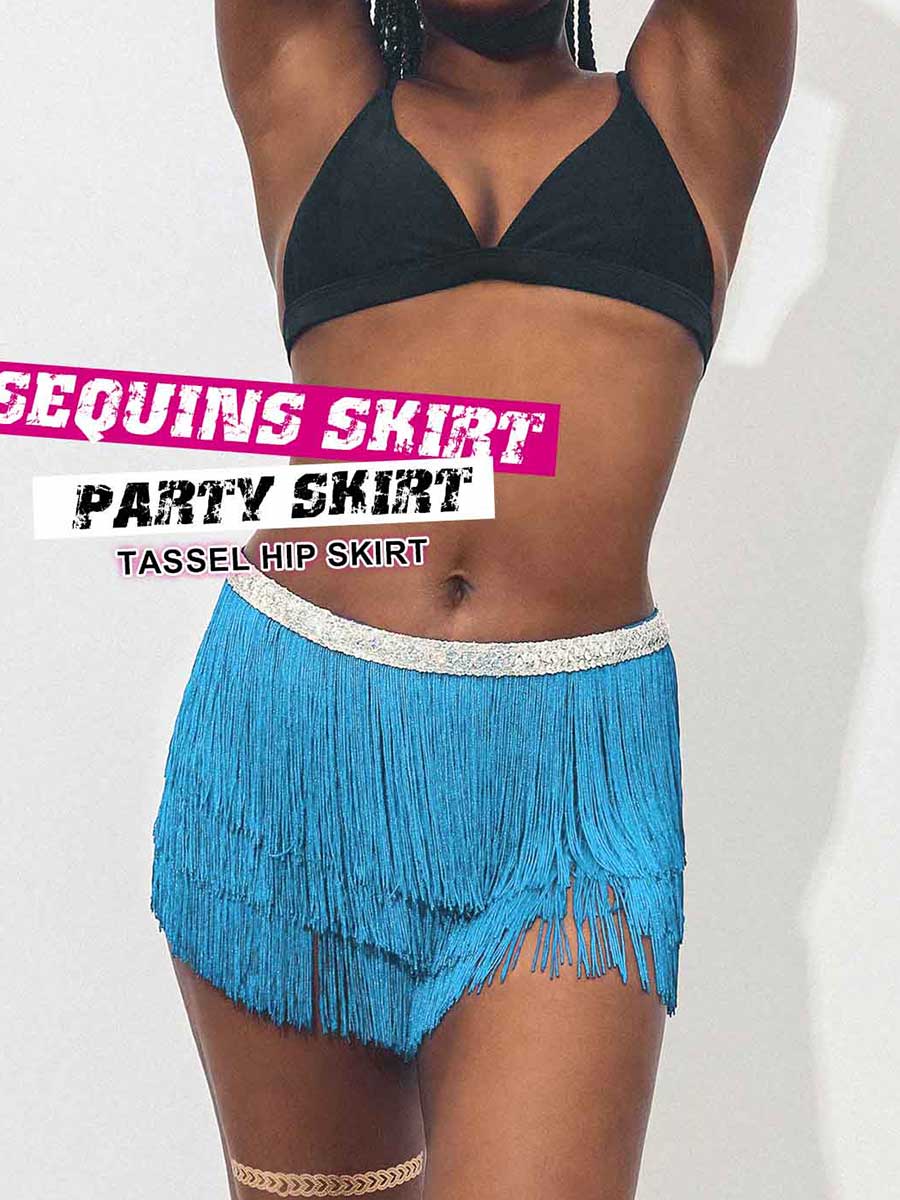 Silver Sequin Blue Tassel Skirt - Image 6