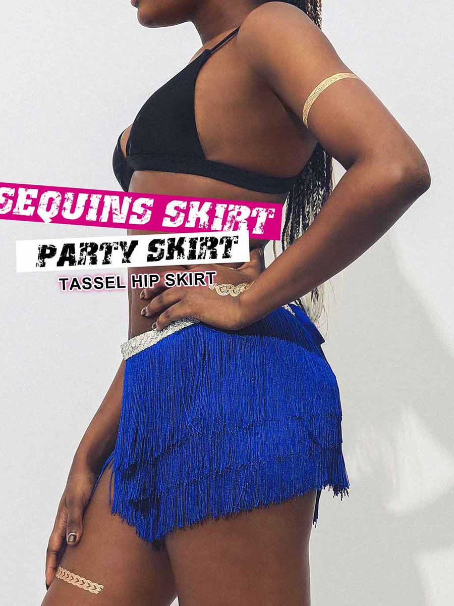 Silver Sequin Bright Blue Tassel Skirt - Image 6
