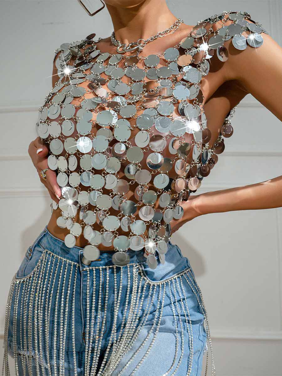 Silver Sequin Chainmail Patchwork Tank Top - Image 2
