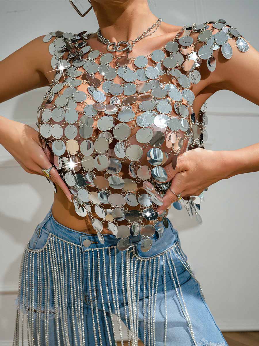Silver Sequin Chainmail Patchwork Tank Top - Image 4