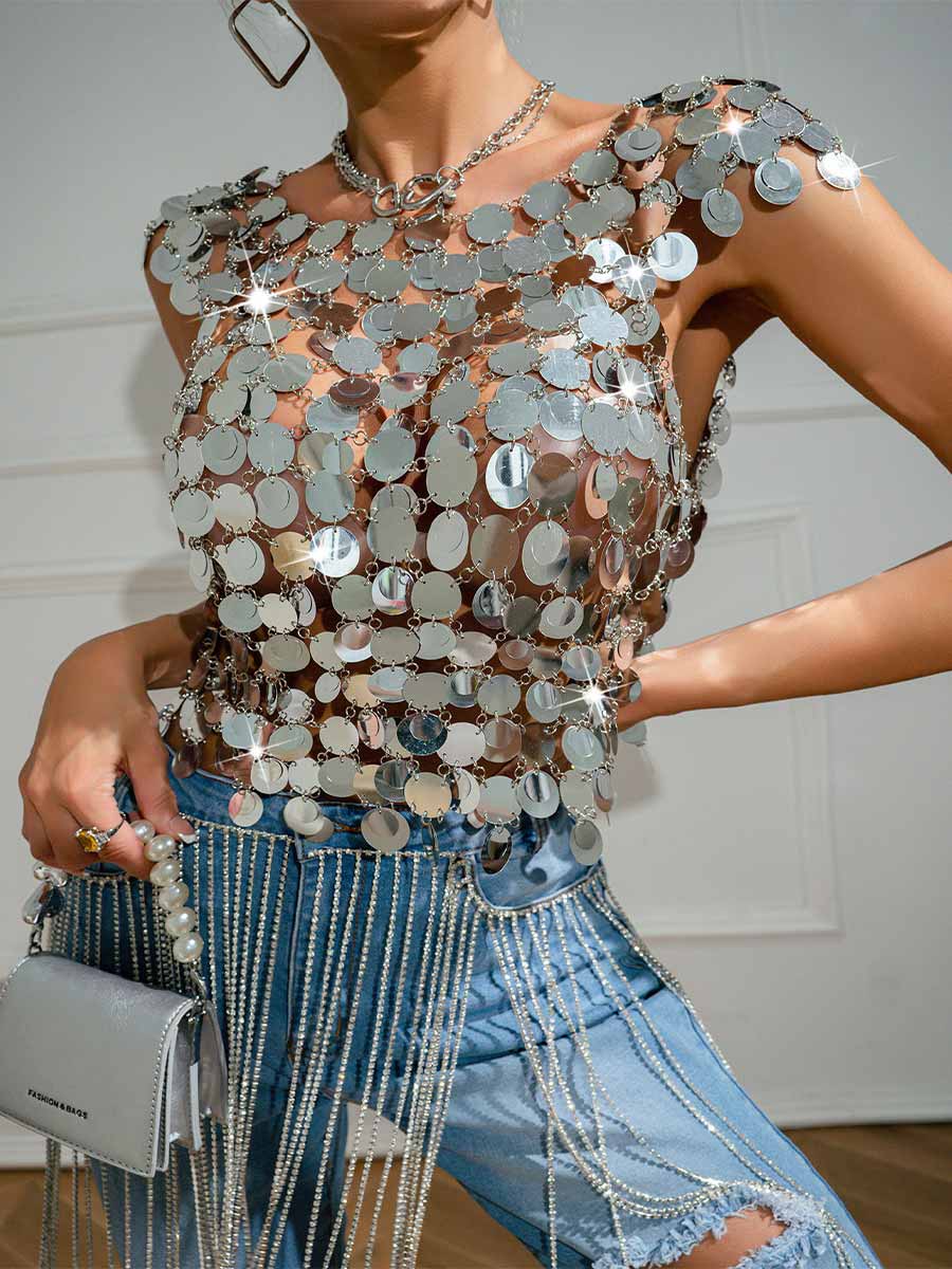 Silver Sequin Chainmail Patchwork Tank Top - Image 5