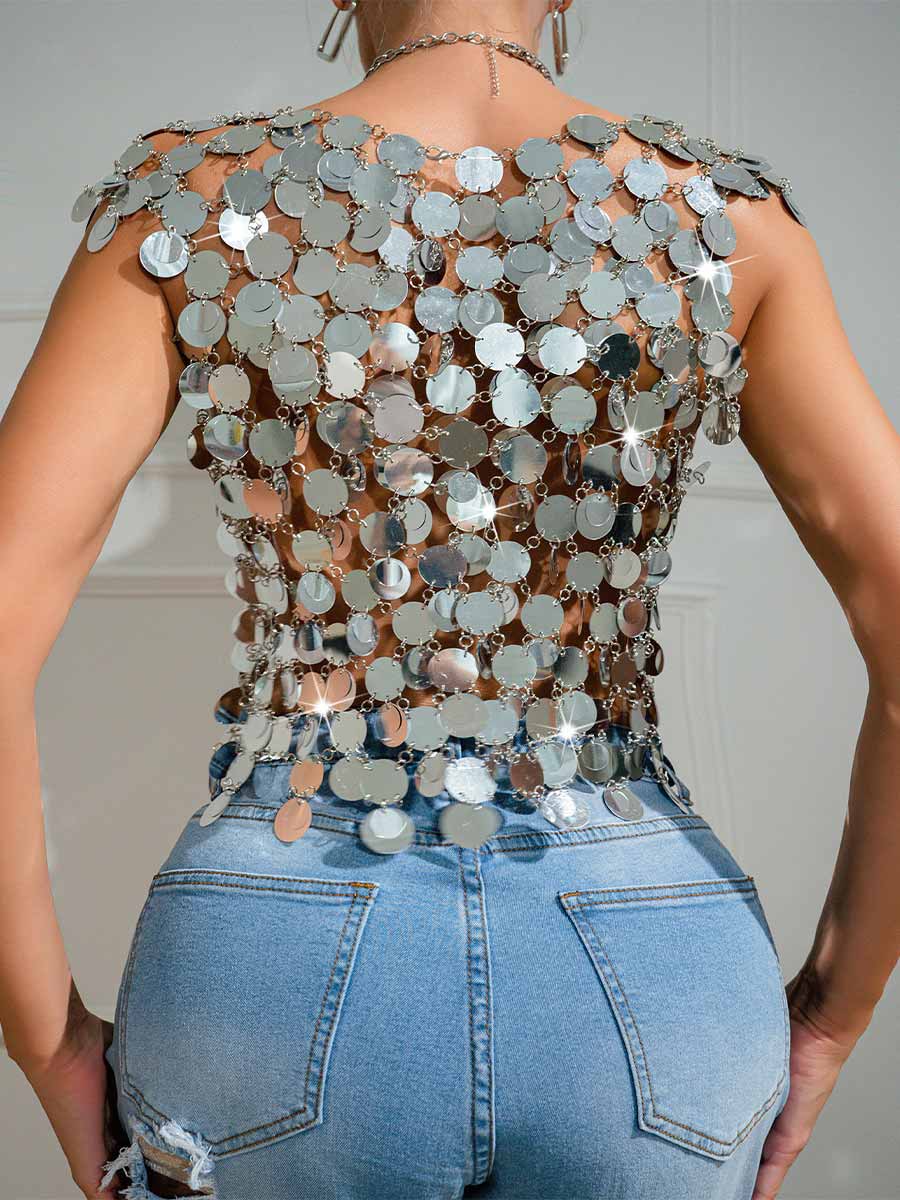 Silver Sequin Chainmail Patchwork Tank Top - Image 6