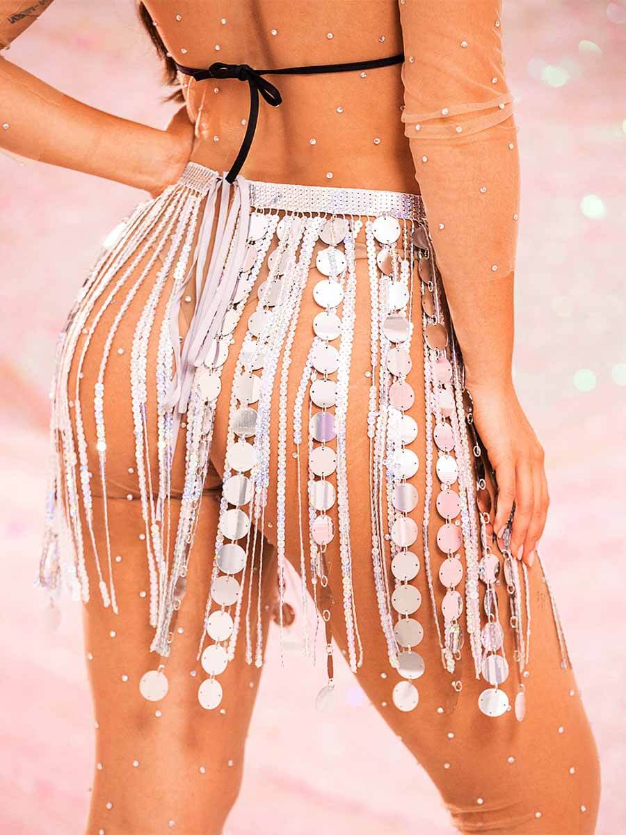 Silver Tassel Skirt - Sparkly Fringe Mini Skirt - Image 3