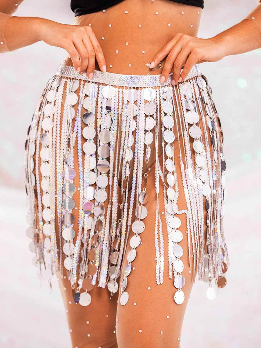 Silver Tassel Skirt - Sparkly Fringe Mini Skirt - Image 4