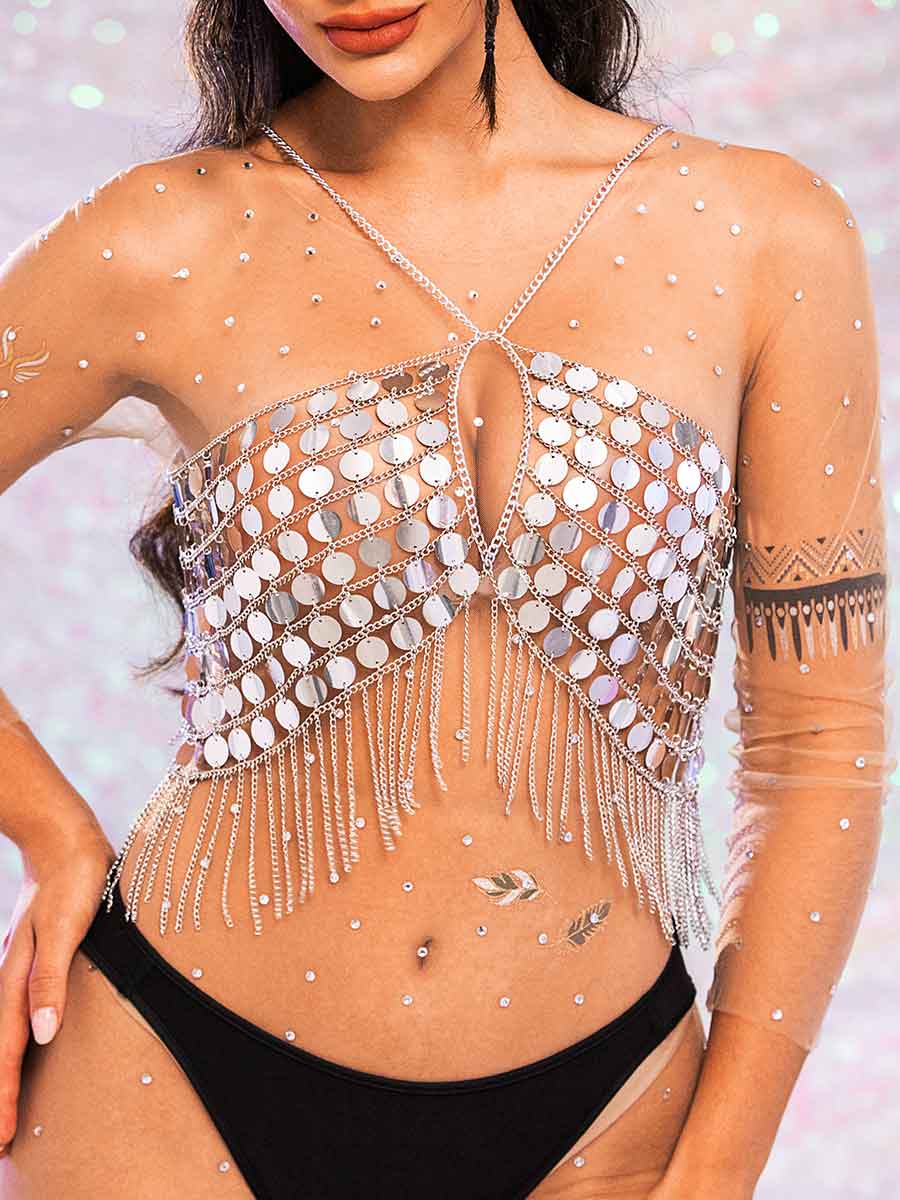 Metal Chain Silver Sequin Tassel Bra Top - Image 2