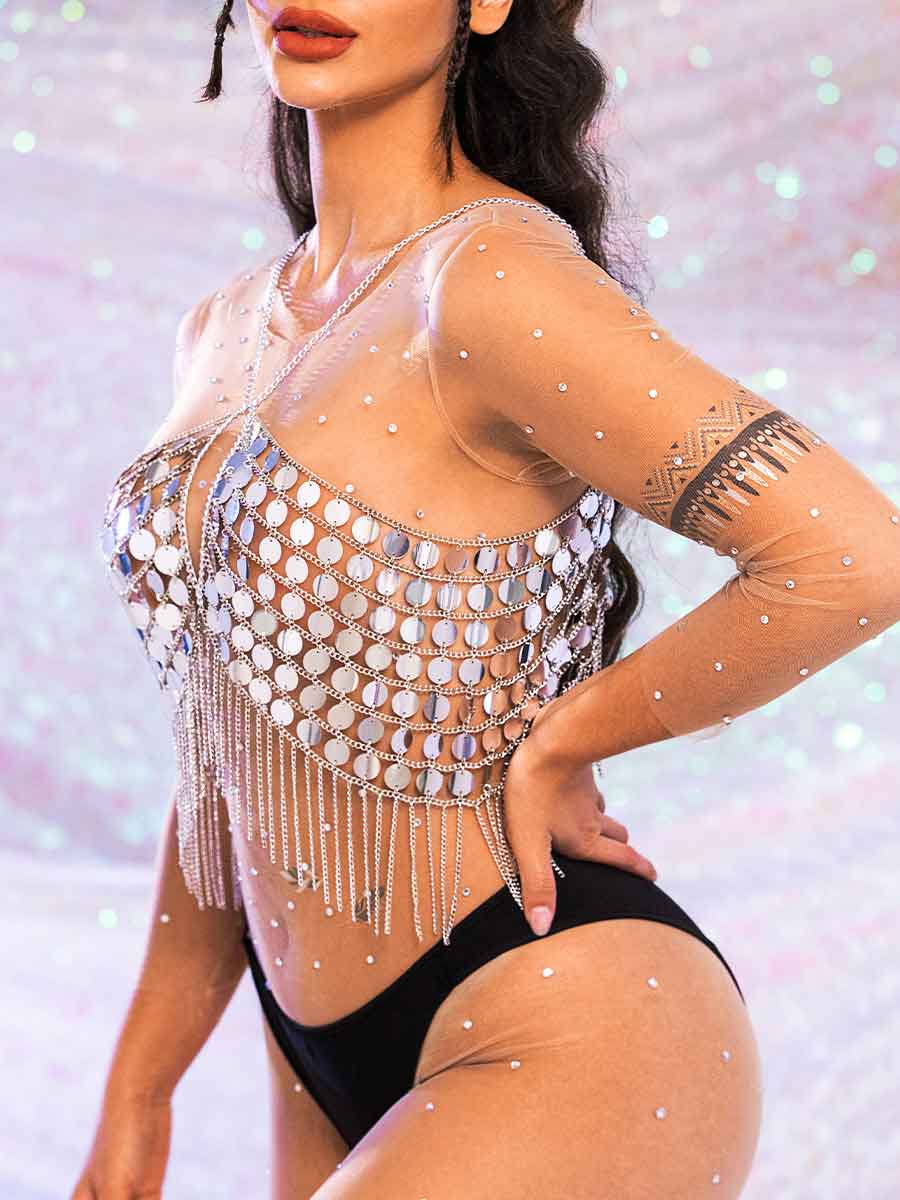 Metal Chain Silver Sequin Tassel Bra Top - Image 3