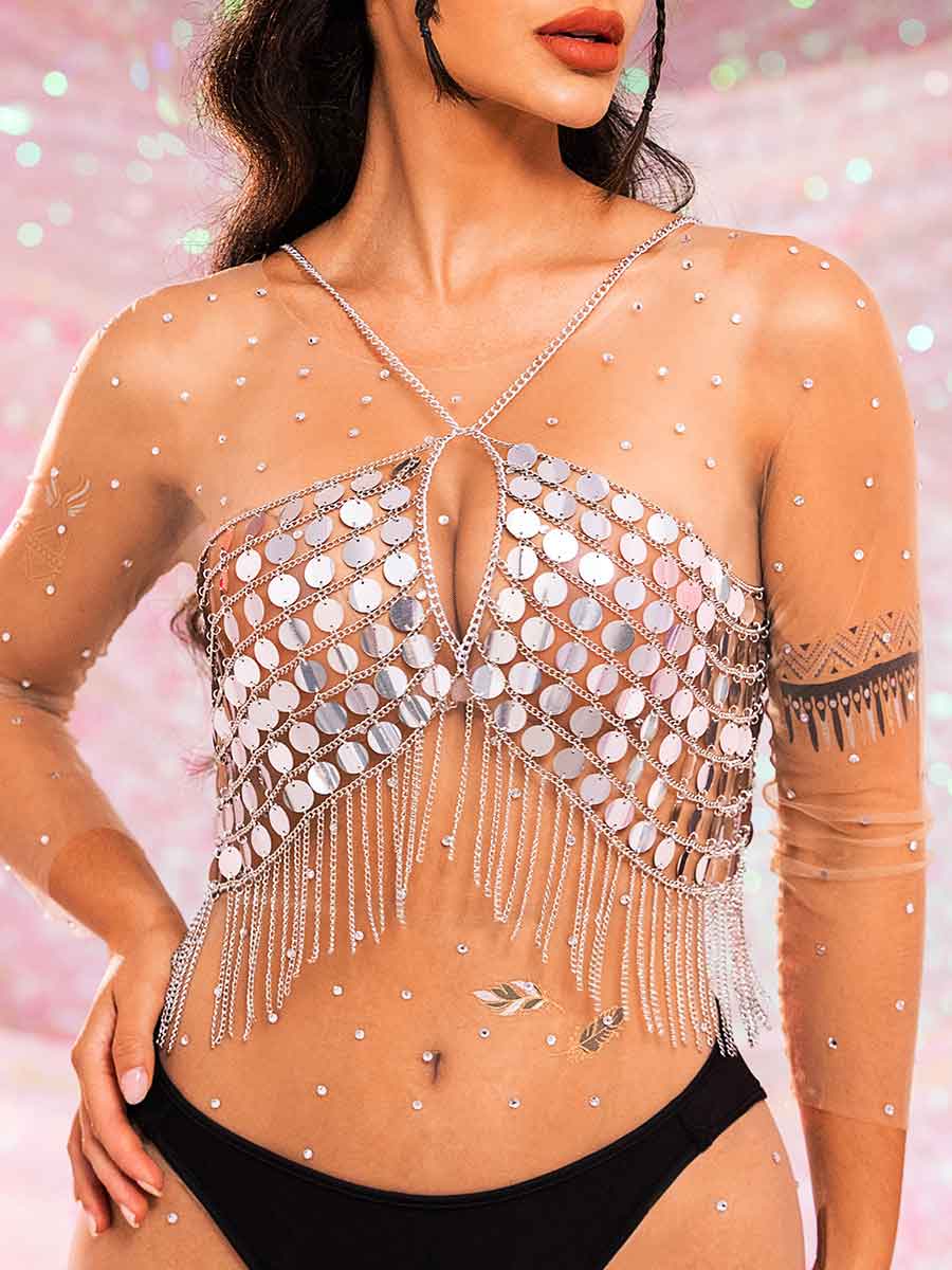 Metal Chain Silver Sequin Tassel Bra Top - Image 5
