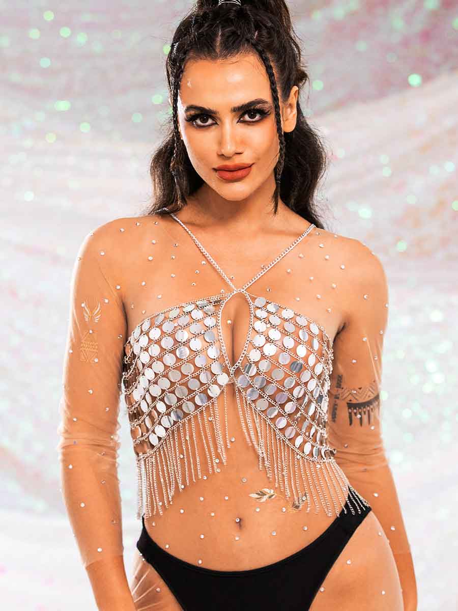 Metal Chain Silver Sequin Tassel Bra Top - Image 6