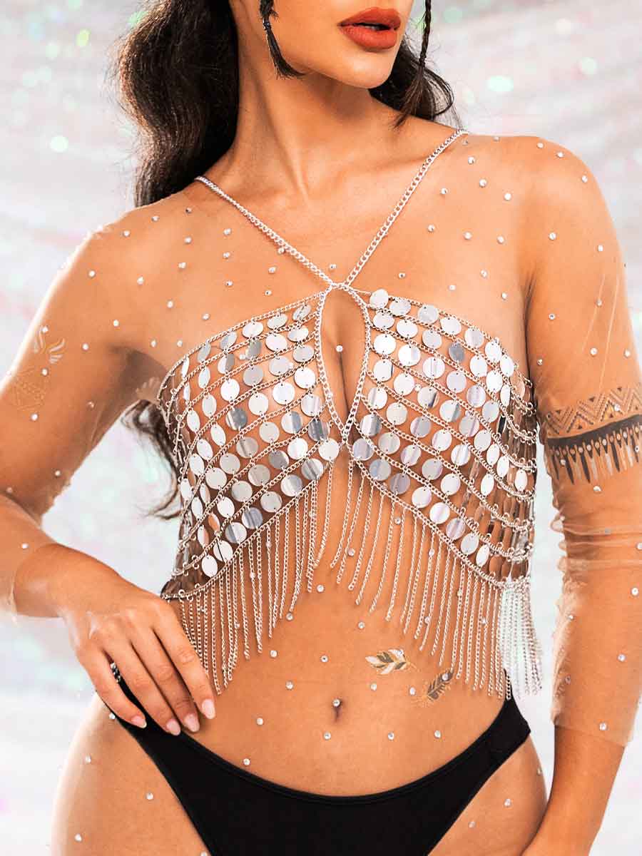 Metal Chain Silver Sequin Tassel Bra Top - Image 7